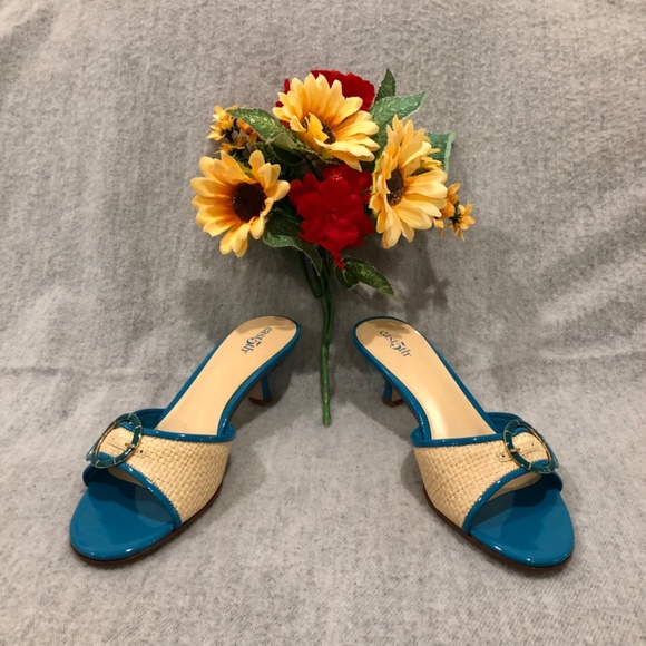 NWT - East Fifth Turquoise Patent & Cream Slip-on Sandals with Kitten Heels - Picture 8 of 16